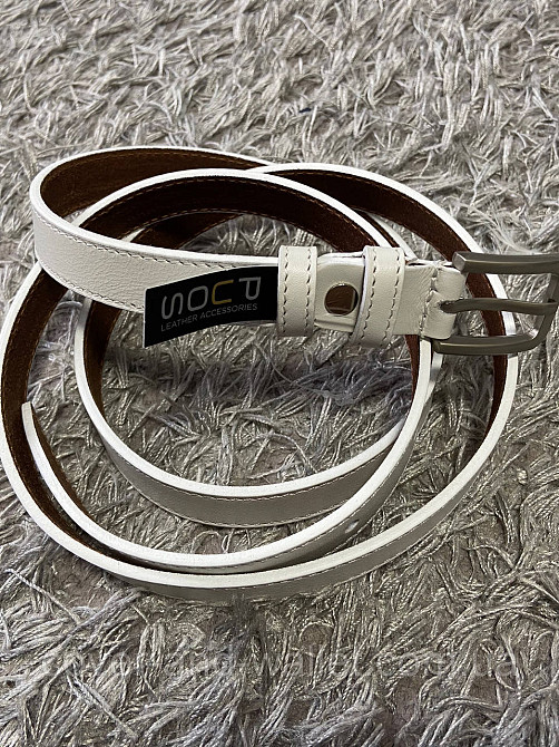 Жіночий вузький ремінь із натуральної шкіри білого кольору PS Leather 20мм Київ - фото 1