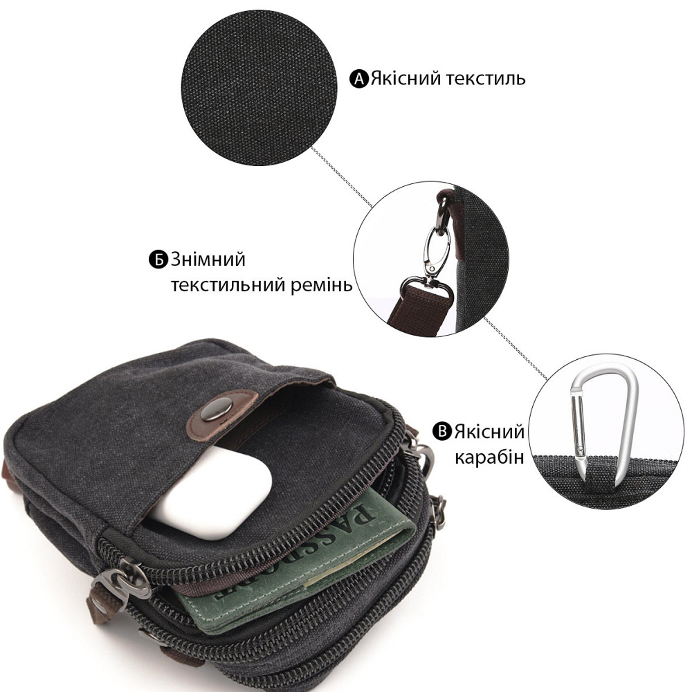 Барсетка текстильна на пояс Vintage 20082 Чорна Київ - фото 9