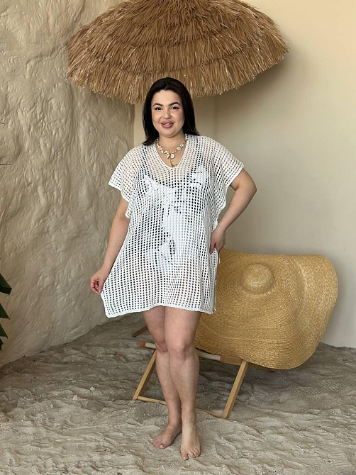 Пляжна туніка жіноча великого розміру накидка на купальник PLUS SIZE ажурна коротка вільного крою біла Одеса - фото 17