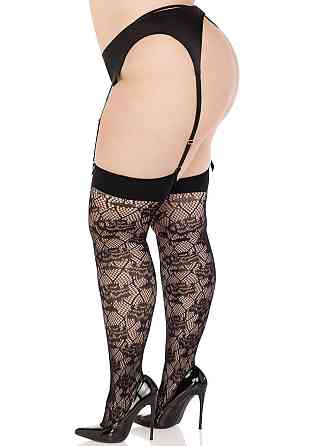 Панчохи Leg Avenue Wild rose net thigh highs, 1X/2X, чорні, широка резинка, малюнок-троянди Sex Aura Київ