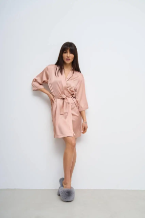 Халат женский шелк под пояс длина 90см Бежевый 3XL/4XL Харьков