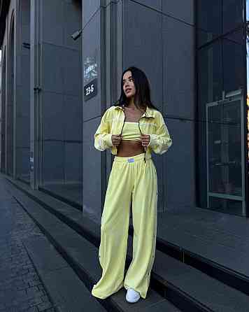 Женский теплый стильный костюм тройка из мягкого велюра. Лимонный, 46/48 Одесса