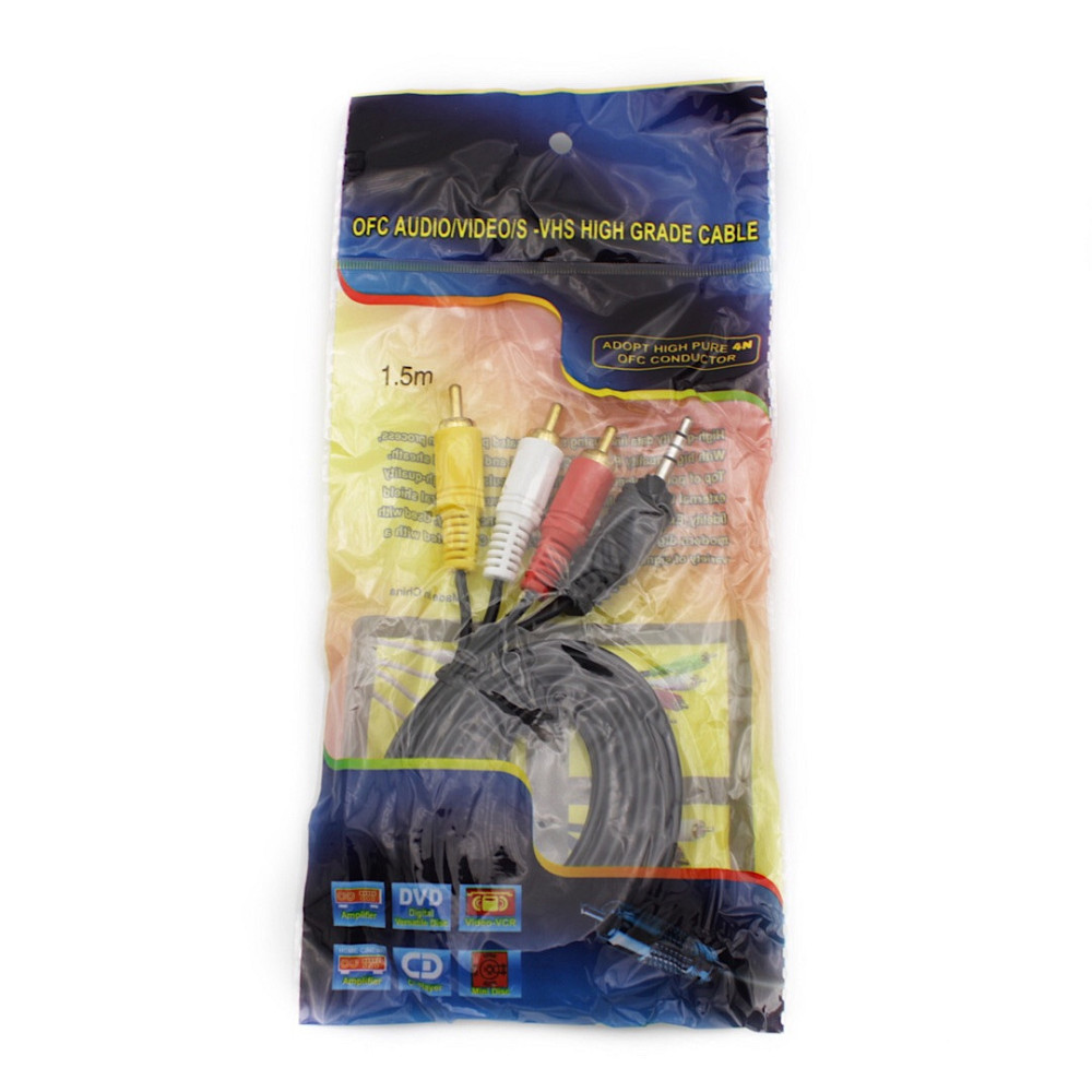 Аудіо відео кабель AV 3.5 Jack (тюльпан 3), 1.5 м (в пакеті) Дніпро - фото 1