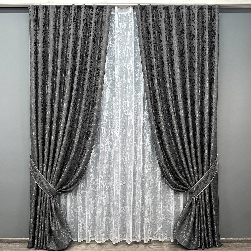 Комплект штор VR-Textil Льон Мармур 100х270 2шт і Тюль 300х270 1267ш-1400т Сіро-коричневий з білим 71-140/1 Київ - фото 1