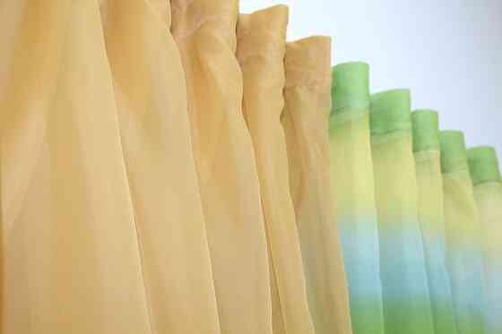 Кухонні шторки VR-Textil № 111к комбіновані золотистий з оливково-жовтим та блакитним 400х170 см (52-0225) Київ