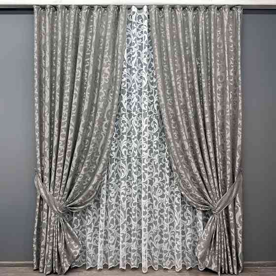 Комплект штор VR-Textil Жакард Вензель 200х270 2шт і Тюль 600х270 293ш-1147т Сірий з білим 71-098/7 Київ