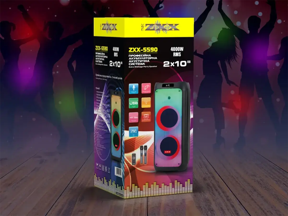 Портативна акустична колонка ZXX-5590 100Вт, 2×10" динаміка, TWS/FM/USB/TF/BT/LED, 2 мікрофони, пульт ДК, акумуляторна Одеса - фото 6