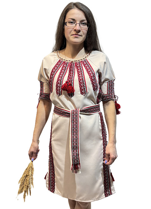 Жіноча вишита святкова сукня бежева з регулюючою шнурівкою по боках Київ - фото 1