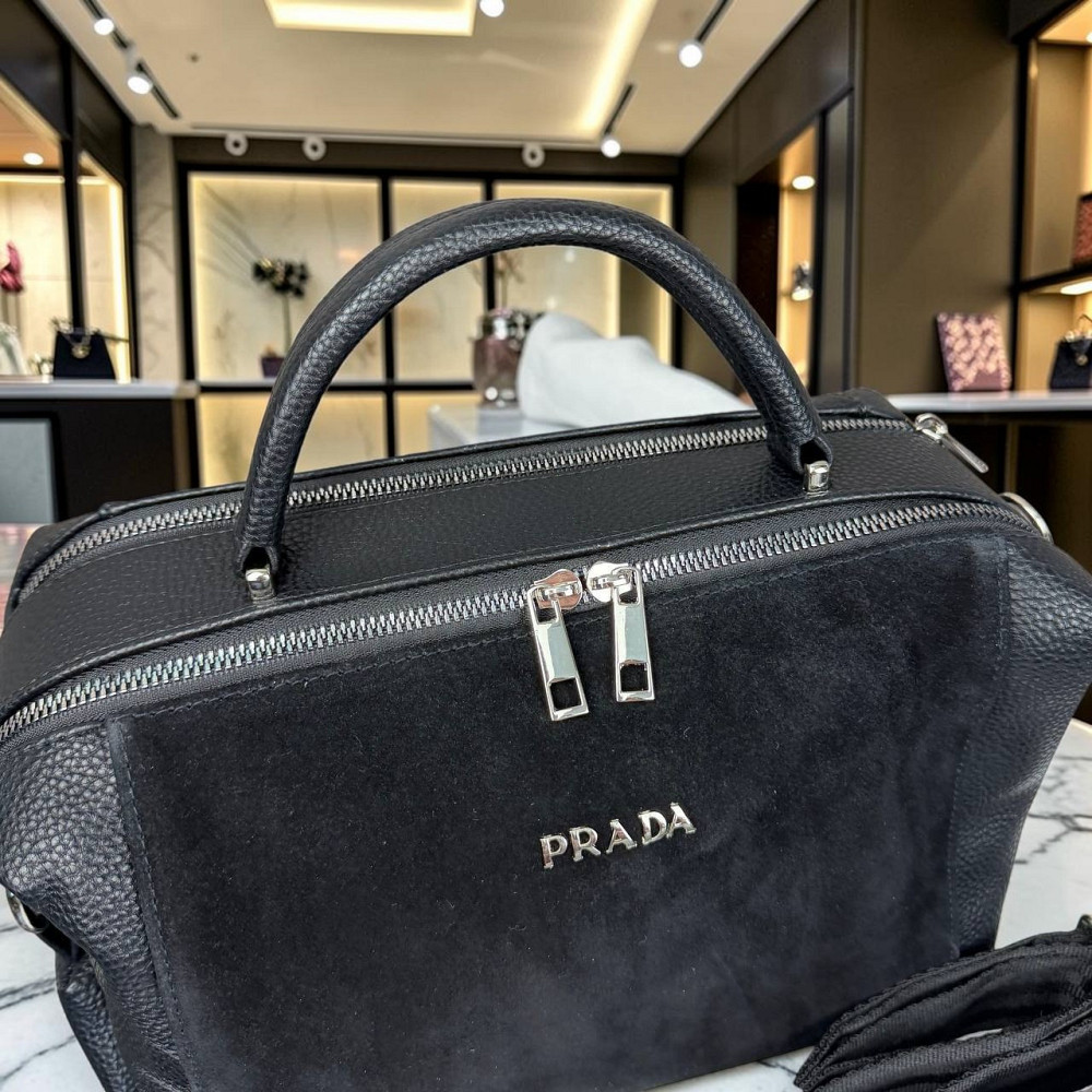 Жіноча замшева сумка стиль Прада, сумочка класична натуральна замша Prada чорна ( 186 ) Харьков - изображение 10