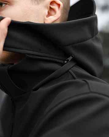 Черная куртка мужская весна/осень из софтшела с капюшоном Pobedov Shadow V2 Киев