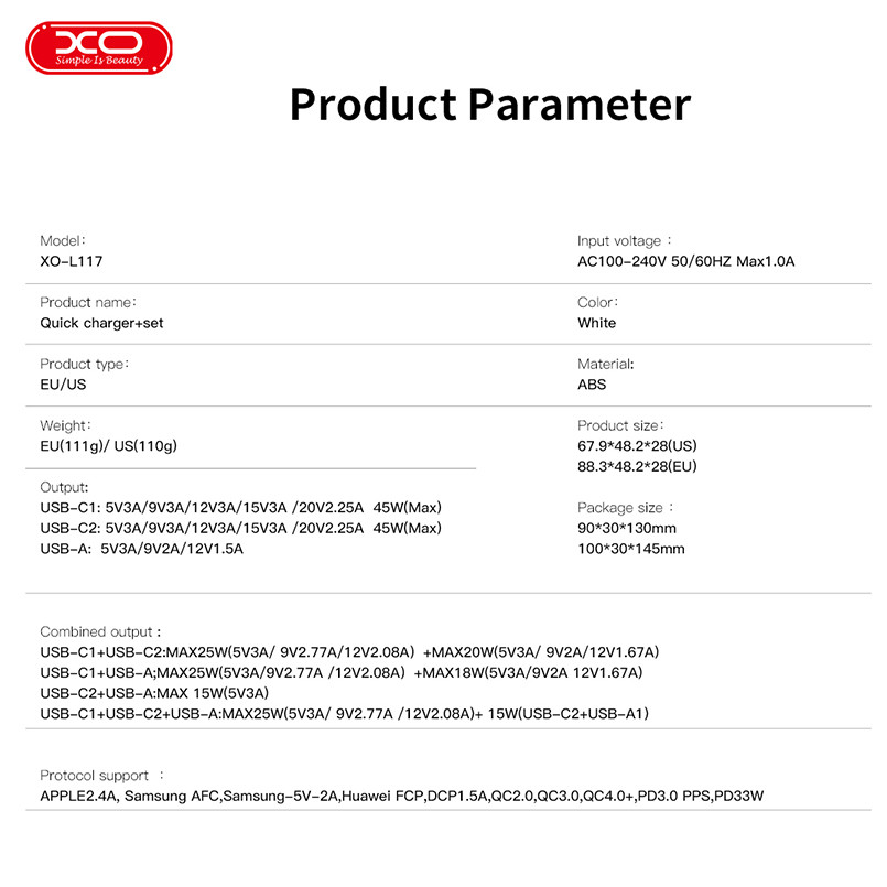 Мережевий зарядний пристрій XO L117 PD45W/QC18W 2USB-C+1USB-A білий Львів - фото 8