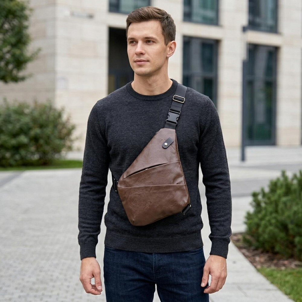 Чоловіча сумка слінг з екошкіри для документів та міста Vintage 20566 Темно Коричнева Київ - фото 19