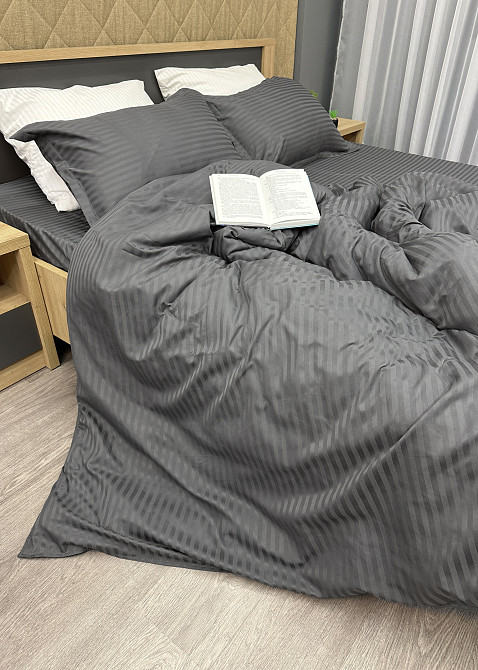 Комплект постельного белья Страйп-сатин Двуспальный 180х220 с простыней на резинке Графитовый (88-096) Киев - изображение 5