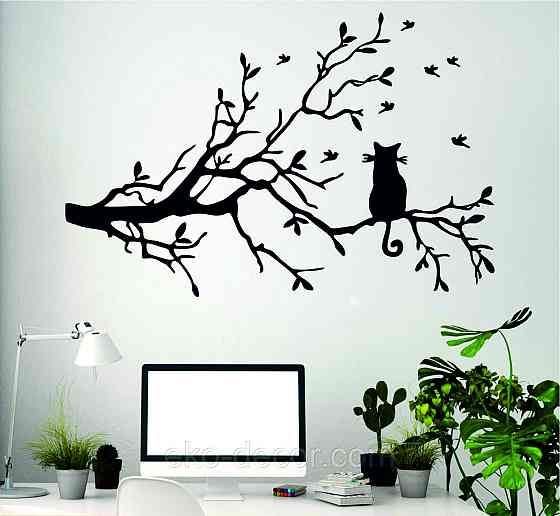 Декоративное настенное Панно «Кот на ветке», Декор на стену 70*46 см, Черный Киев