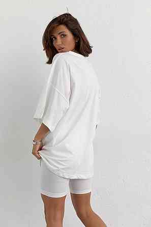 Костюм с футболкой oversize и велосипедками, молочный, S, летний хлопковый трикотаж. Лубны