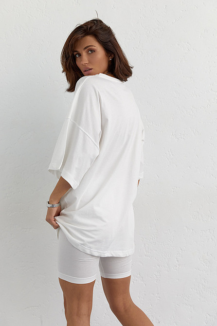 Костюм с футболкой oversize и велосипедками, молочный, S, летний хлопковый трикотаж. Лубны - изображение 2
