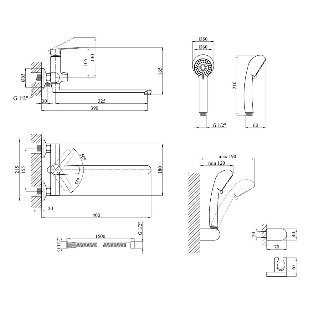 Змішувач для ванни Kroner KRP Brocken - C070 з душовим гарнітуром, хром Київ - фото 2