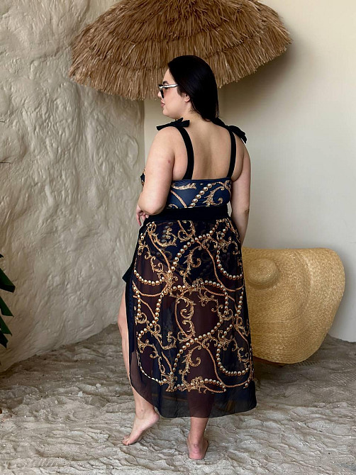 Женский сдельный купальник больших размеров с парео plus size с поролоновыми чашками и принтом бифлекс черный Одесса - изображение 10