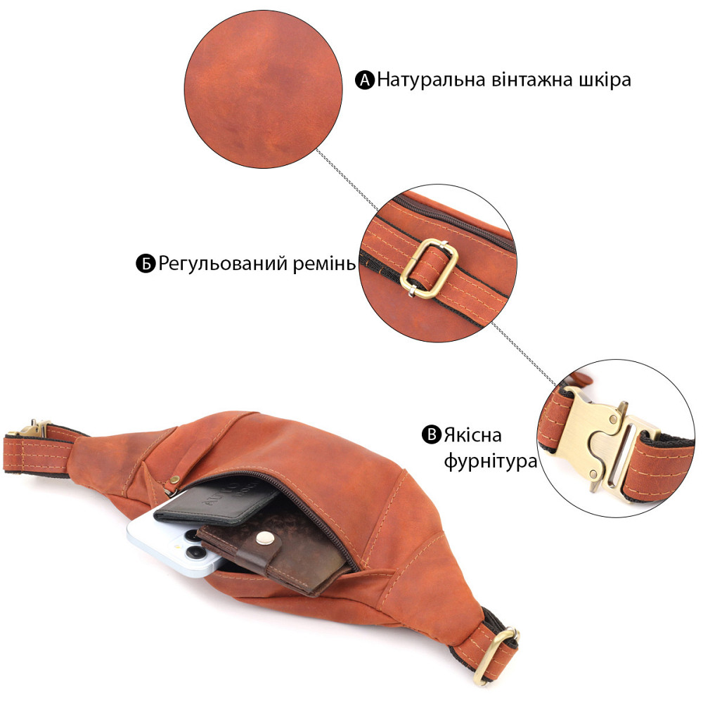 Практична сумка-бананка для чоловіків із натуральної вінтажної шкіри Рудий (SHVIGEL) Київ - фото 8