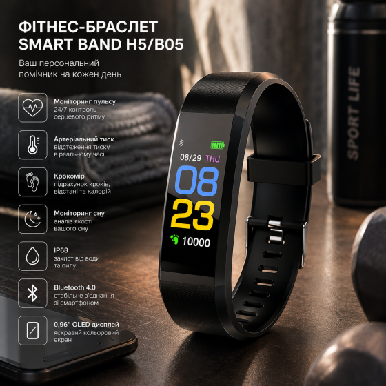 Фитнес-браслет Smart Band H5/B05 0,96″ OLED, пульс, давление, шагомер, сон, Bluetooth 4.0, IP68, черный Киев