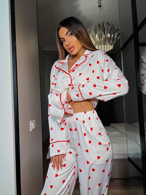 Женская пижама двойка с сердечками из шелка армани Белый, 52/54 Одесса - изображение 9