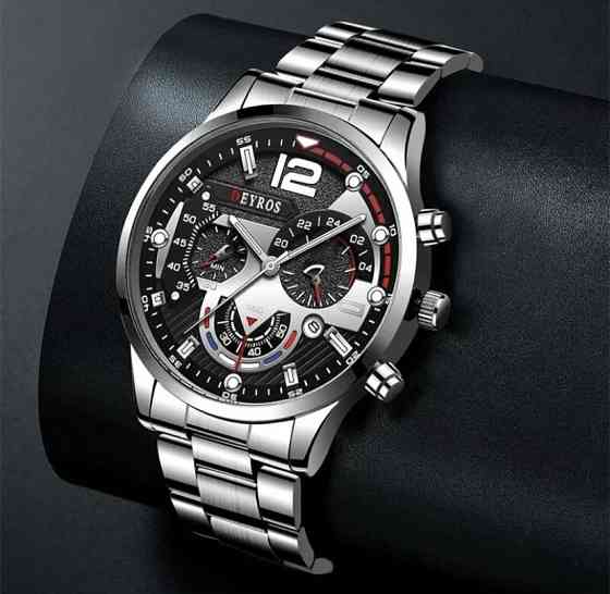 Подарочный набор для мужчин наручные часы с браслетом диам 42мм длин 24см шир рем 2 см без коробки серебряный Киев