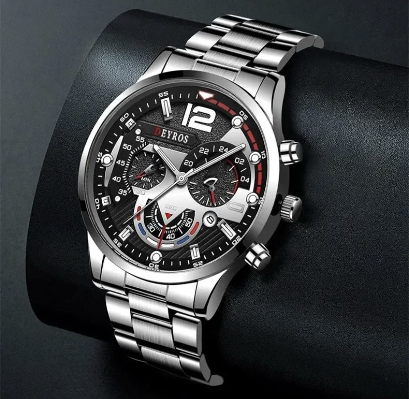 Подарочный набор для мужчин наручные часы с браслетом диам 42мм длин 24см шир рем 2 см без коробки серебряный Киев - изображение 2