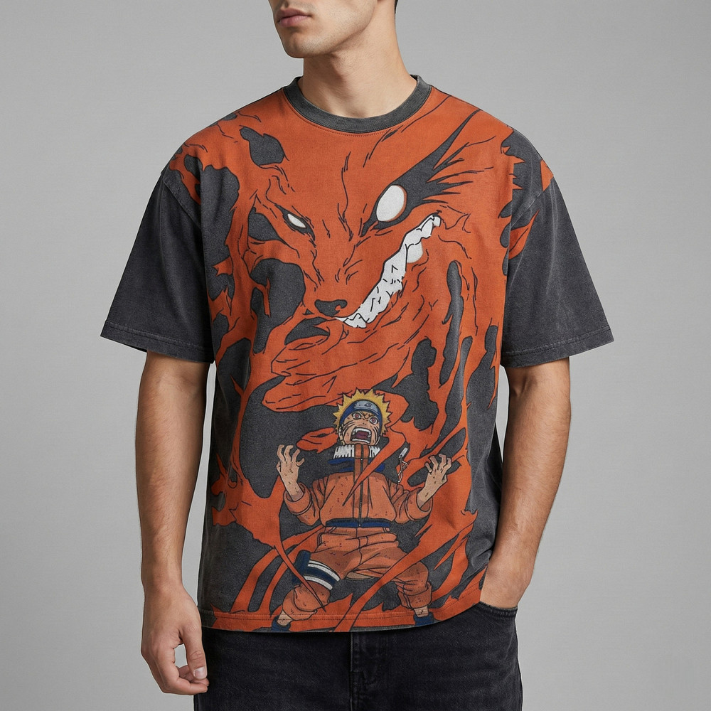 Футболка чоловіча з принтом аніме Наруто Узумакі Ніне Таілс оверсайз (S/M/L) Черний Дніпро - фото 1