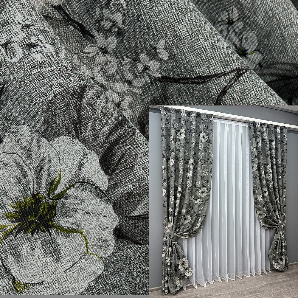Шторна тканина льон з квітковим принтом, колекція "Прованс" колір сірий 1724ш Київ - фото 6