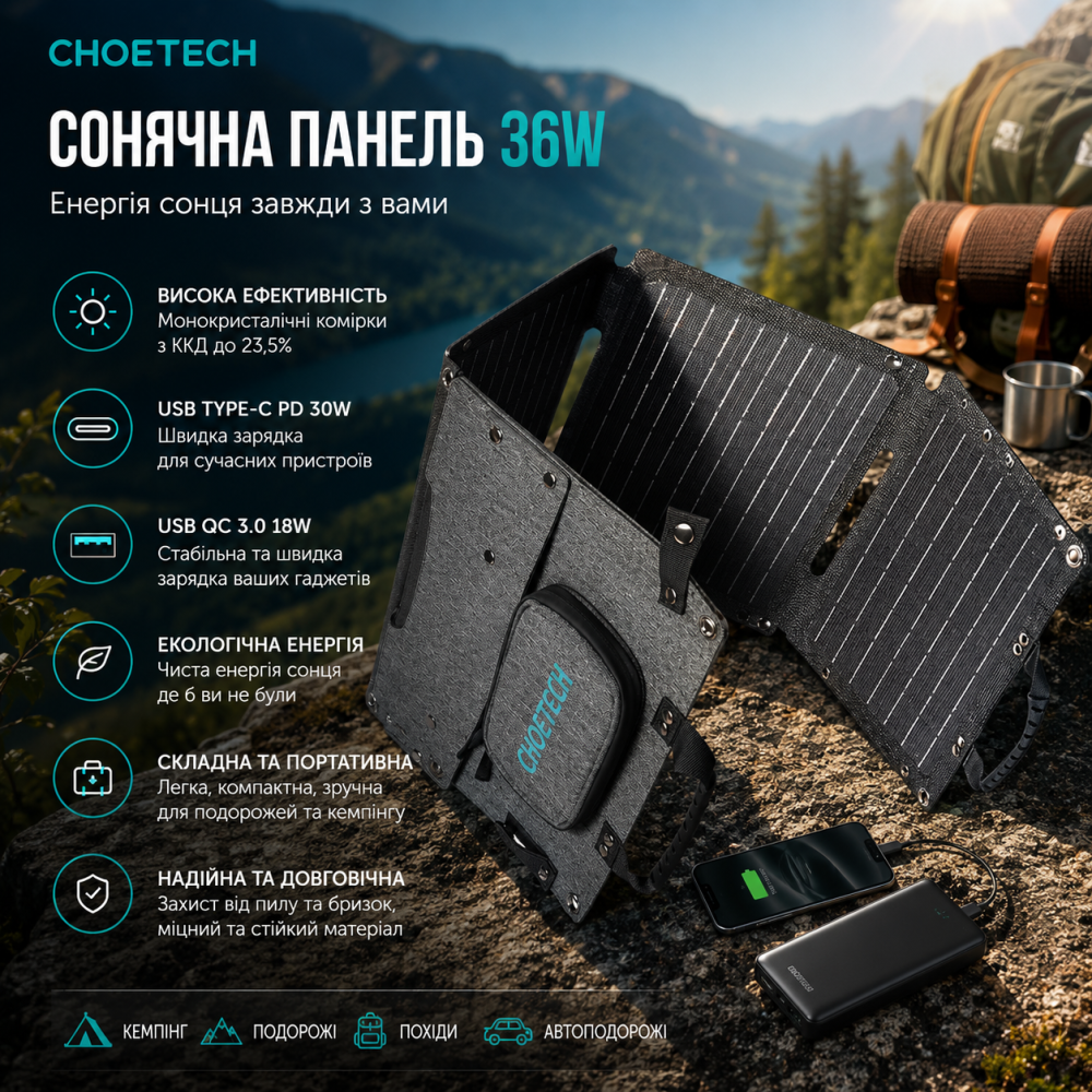 Сонячна панель CHOETECH 36W, складана монокристалічна, USB Type-C PD 30W + USB QC 3.0 18W, для смартфонів, павербанків та кемпінгу Київ - фото 6