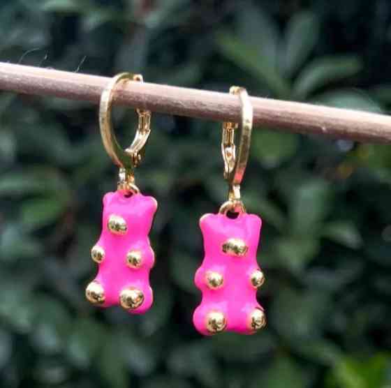 Серьги с мишками розовые с золотом, размер 1,6*1см, смола Киев