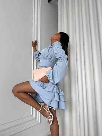 Женское стильное мини платье с воланами креп костюмка Голубой, 44/46 Одесса