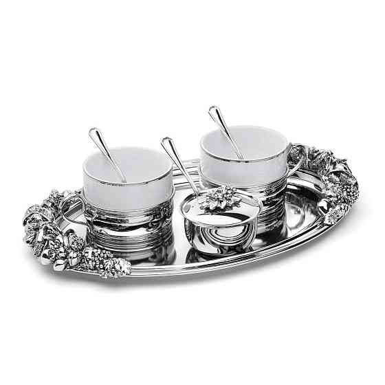 Набор для чая “Larissa” на 2 персоны/2 чашки/2 ложки/сахарница с ложкой/поднос, серебро, 30×20 cm Ровно