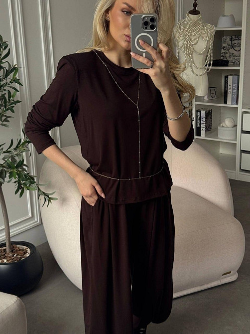Костюм з турецької віскози: лонгслів і штани-аладдін, вільний крій, шоколад, розмір S-L Лубни - фото 2