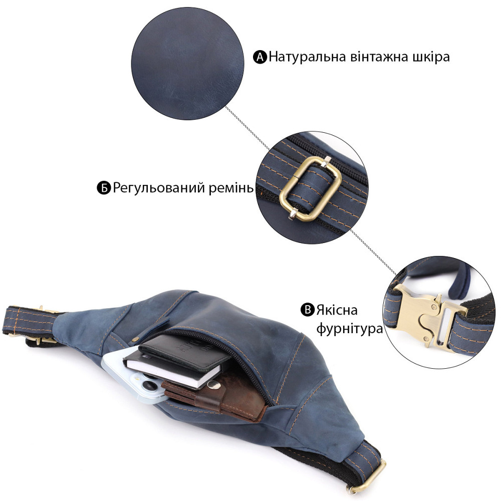 Красива сумка-бананка для чоловіків з натуральної vintage шкіри Shvigel 23123 Синій Київ - фото 4