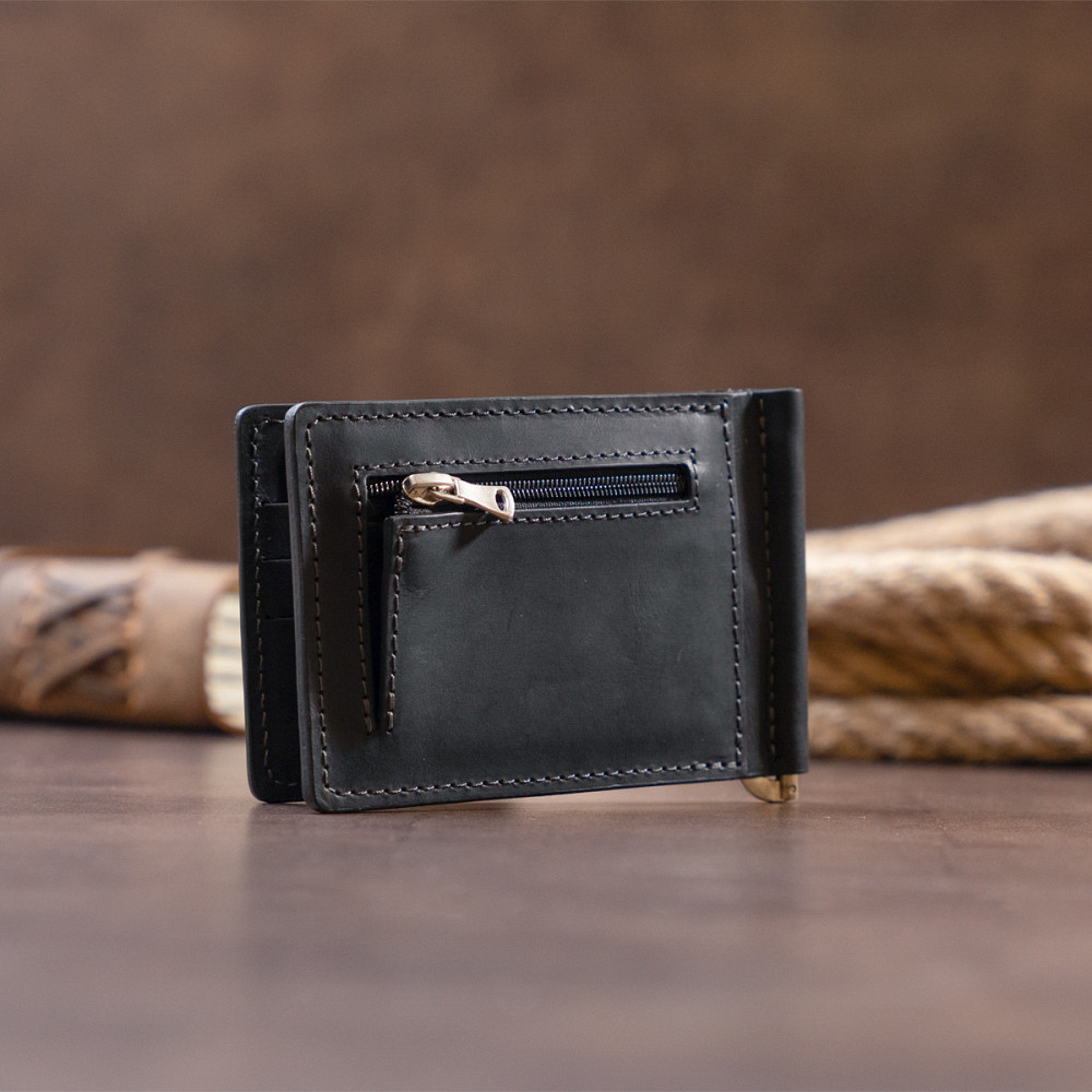 Стильное портмоне с зажимом для денег без застежки винтажное GRANDE PELLE 11296 Черное Киев - изображение 9