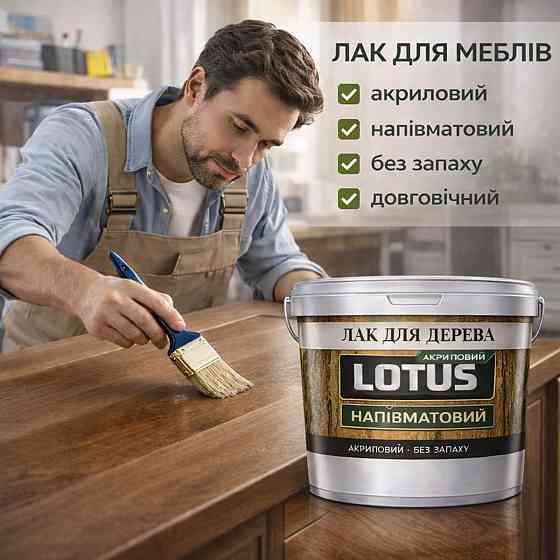 Лак акриловий для дерева LOTUS напівматовий прозорий зносостійкий універсальний для підлоги меблів та фасаду без запаху 1 л Харків