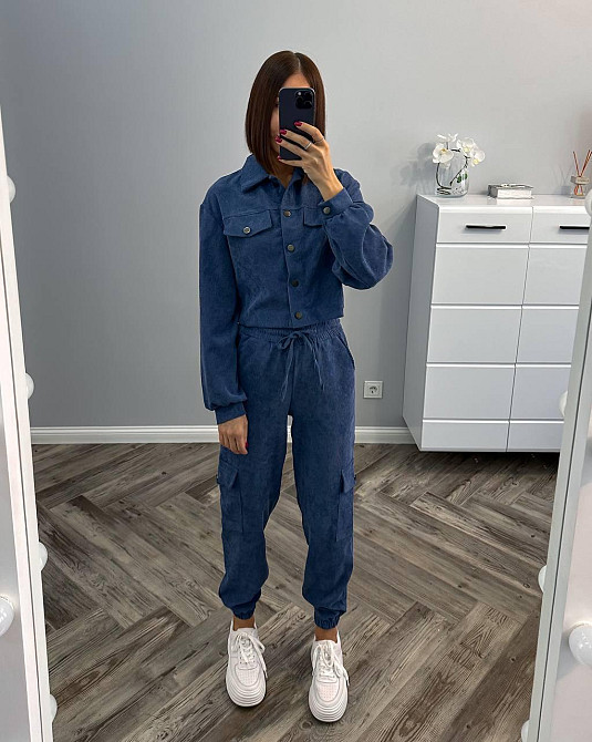 Женский стильный базовый костюм двойка из микровельвета Джинс, 46/48 Одесса - изображение 1