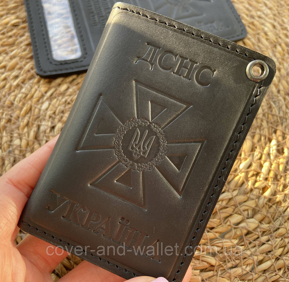 Шкіряна обкладинка ДСНС із відділенням для жетону чорного кольору Puos Київ - фото 4
