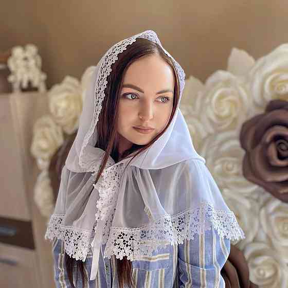 Палантин для жінок в церкву жіноча мереживна шифонова хустка для храму на хрестини мамі, обряду вінчання Ажурні квіти 80*120 см Betis білий Кривий Ріг