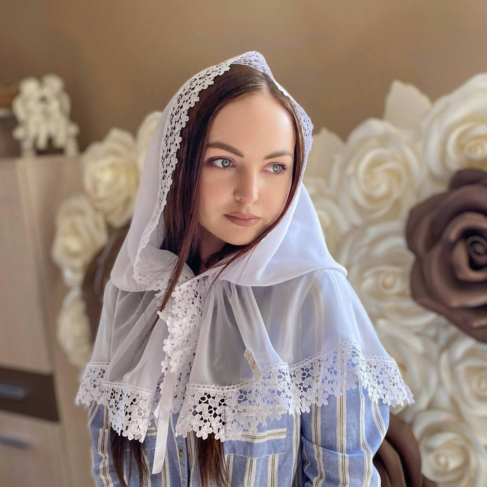Палантин для жінок в церкву жіноча мереживна шифонова хустка для храму на хрестини мамі, обряду вінчання Ажурні квіти 80*120 см Betis білий Кривий Ріг - фото 1