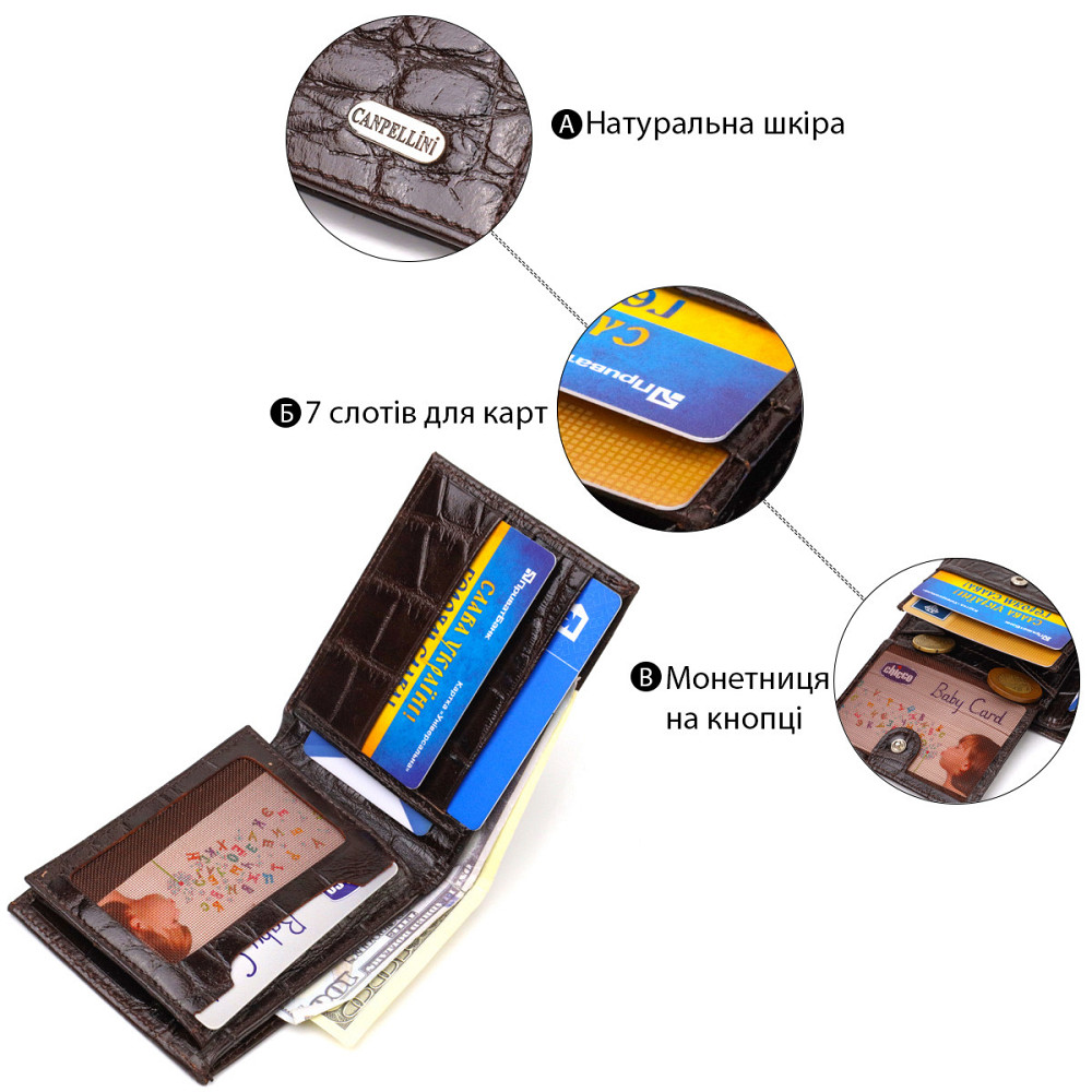 Фактурний чоловічий гаманець для грошей з натуральної шкіри з тисненням під крокодила CANPELLINI 21943 Коричневий Київ - фото 6