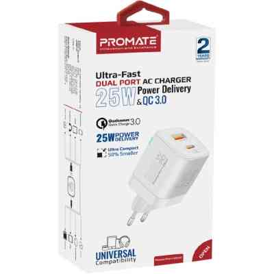 Зарядний пристрій Promate USBC PD25W + USBA QC3.0 18W White (powerport-25ac.white) Вінниця