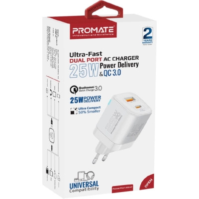 Зарядное устройство Promate USBC PD25W + USBA QC3.0 18W White (powerport-25ac.white) Винница - изображение 2