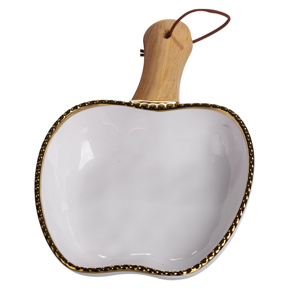 Тарелка фарфоровая глубокая с ручкой Яблоко 23×16×4 (см) блюдо сервировочное с ручкой  для подачи тарелка сковорода Золото Киев - изображение 1