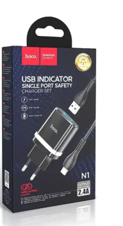 Мережевий зарядний пристрій Hoco N1 Ardent 220V (12W, 5V/2.4A) з підсвічуванням USB та кабелем micro-USB 1м Одеса