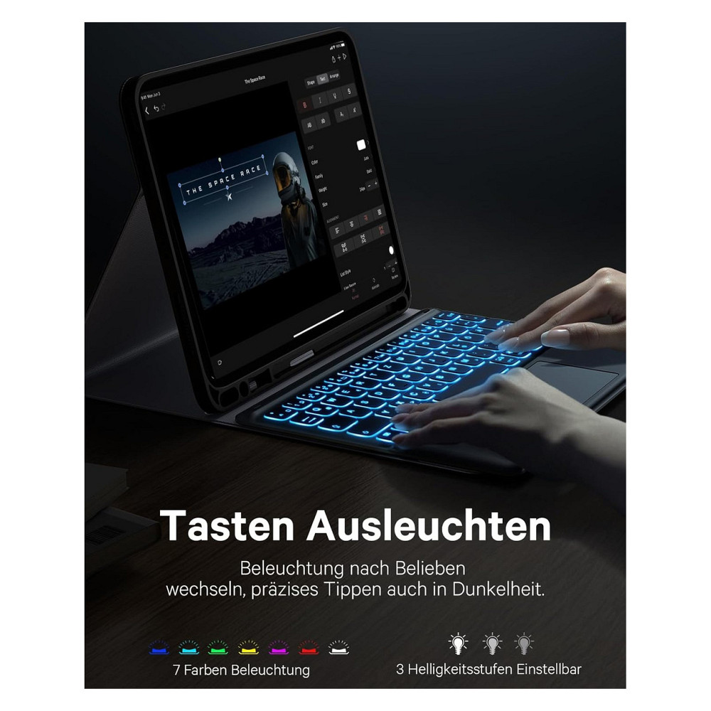Чохол-клавіатура Earto для iPad Air 11 чорно-чорний QWERTZ трекпад 7 кольорів M3/M2 2025/2024 Київ - фото 5
