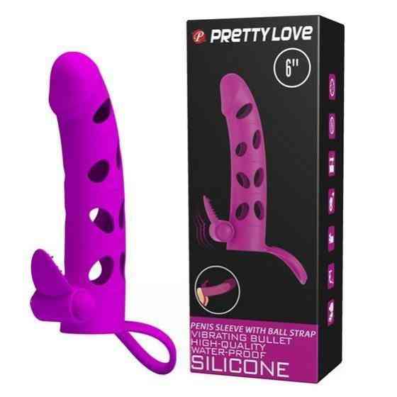 Насадка на член - Pretty Love Vibrating Penis Sleeve With Ball Strap 6" Purple Sex Aura Київ