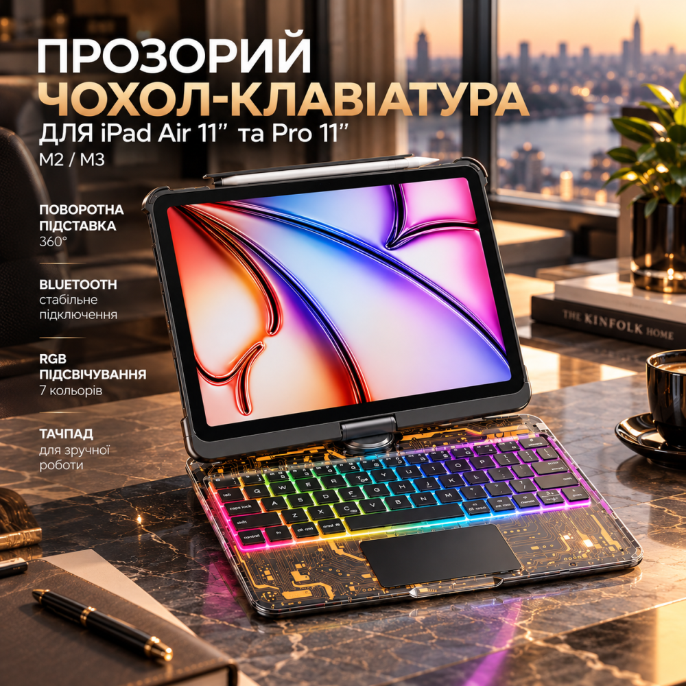 Прозрачный чехол-клавиатура для iPad Air 11″ M2/M3 и Pro 11″, Bluetooth, тачпад, RGB-подсветка 7 цветов, поворотная подставка 360° Киев - изображение 1