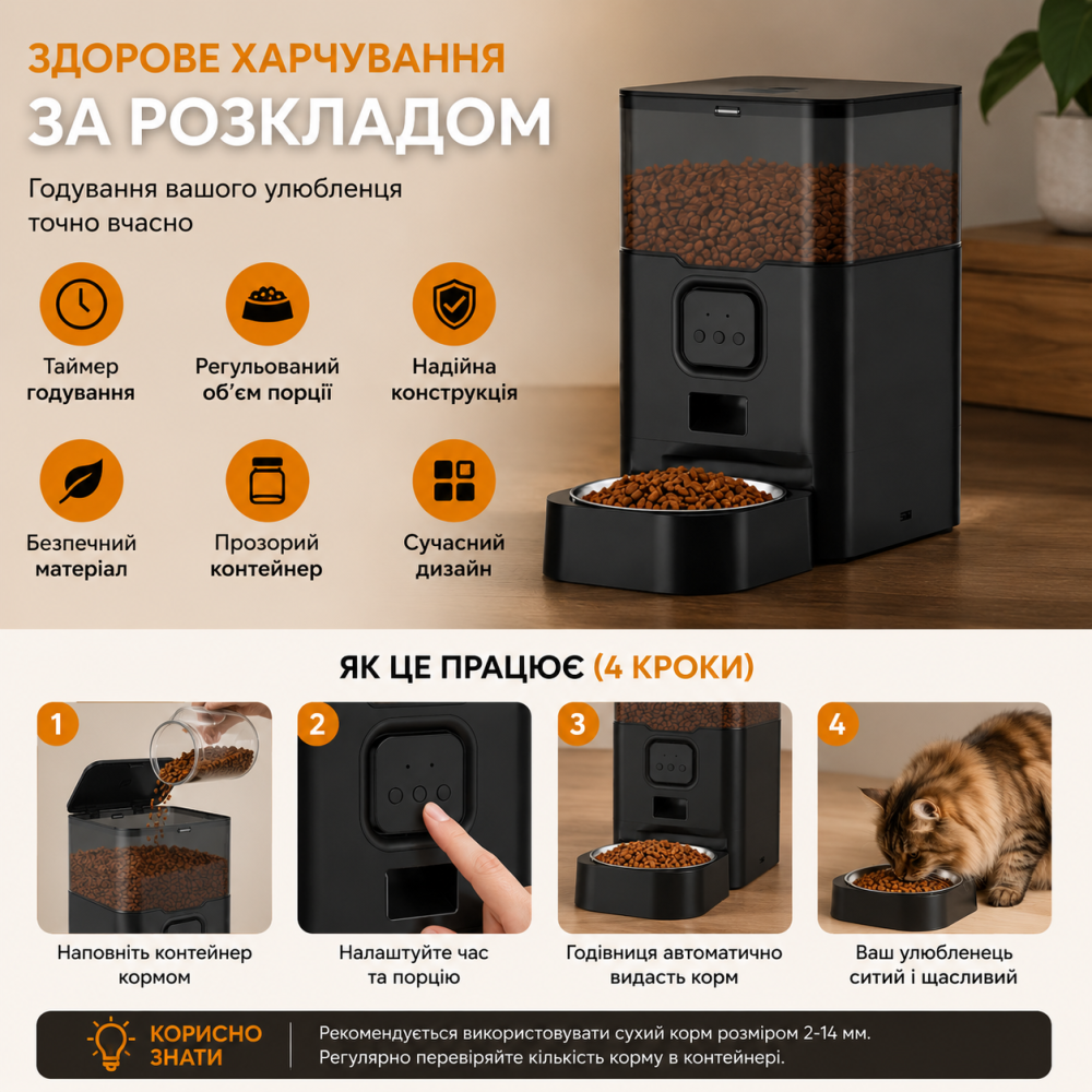 Автоматична годівниця для котів і собак 4L з таймером годування | Розумна годівниця для тварин | Диспенсер корму Київ - фото 2